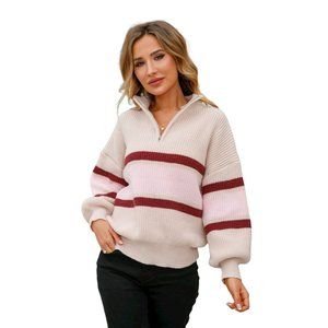 Striped Quarter-Zip Lantern Sleeve Sweater